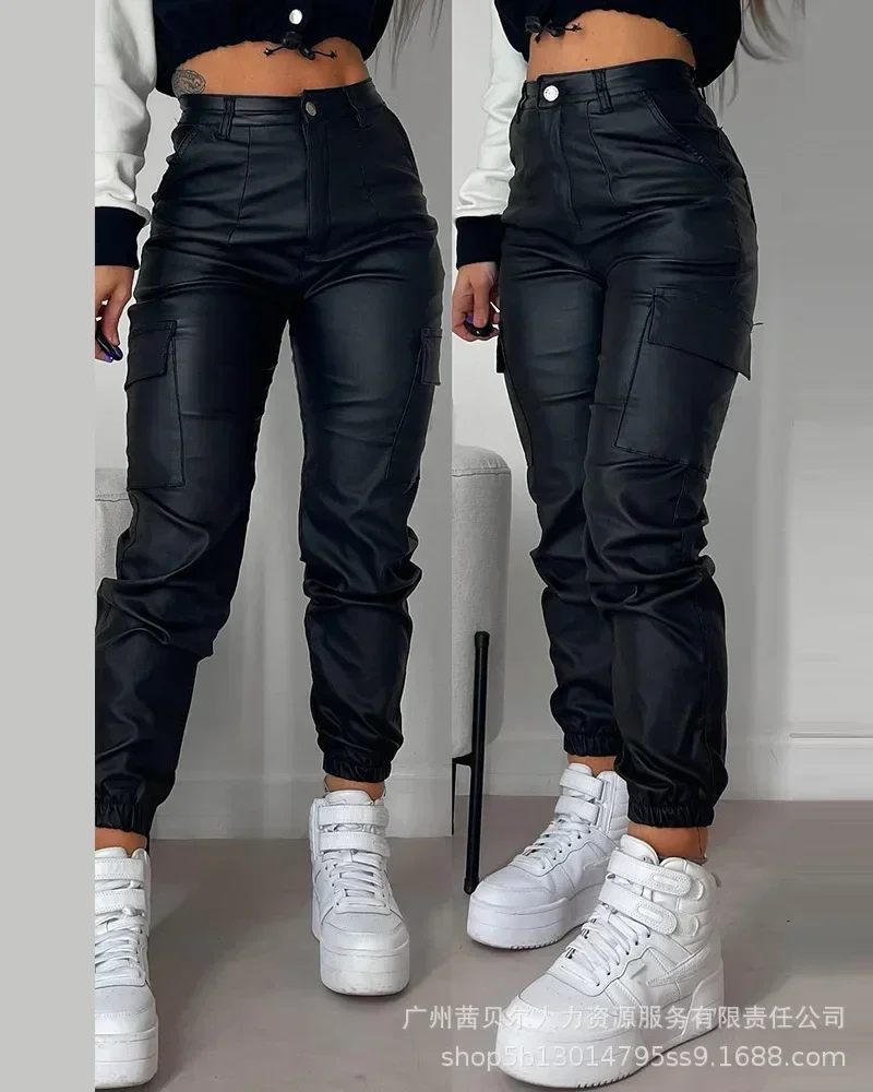 Pocket Design Cuffed PU Leather Pants Women Black Solid Color Ankle Length Cargo Safari Pants Trousers Pockets New