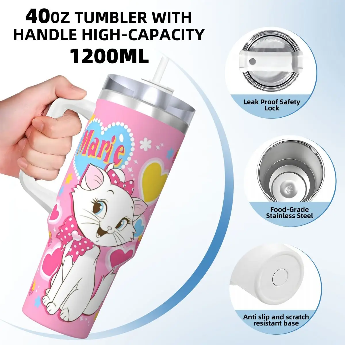 Marie Cat Cartoon Stainless Steel Tumbler Camping Thermal Mug With Straws and Lid 40oz Car Mugs Cold Drink Water Bottle