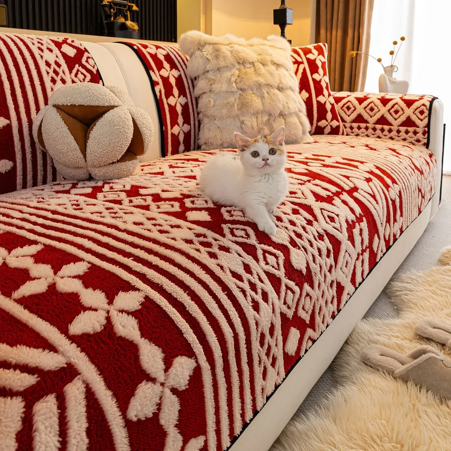 Bohemian Two-Color Jacquard Sofa Cushion Thickened Soft Non-Slip Sofa Cover for Winter Anti-Scratch Plush Warm Couch Cushion