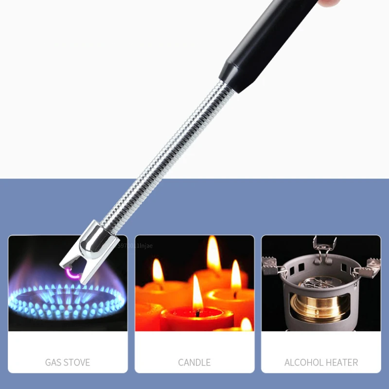 360 ° Rotatable Metal USB Charging Outdoor Windproof Pulse Flameless  Arc Lighter Candle Kitchen Hook Long Handle Ignition Gun