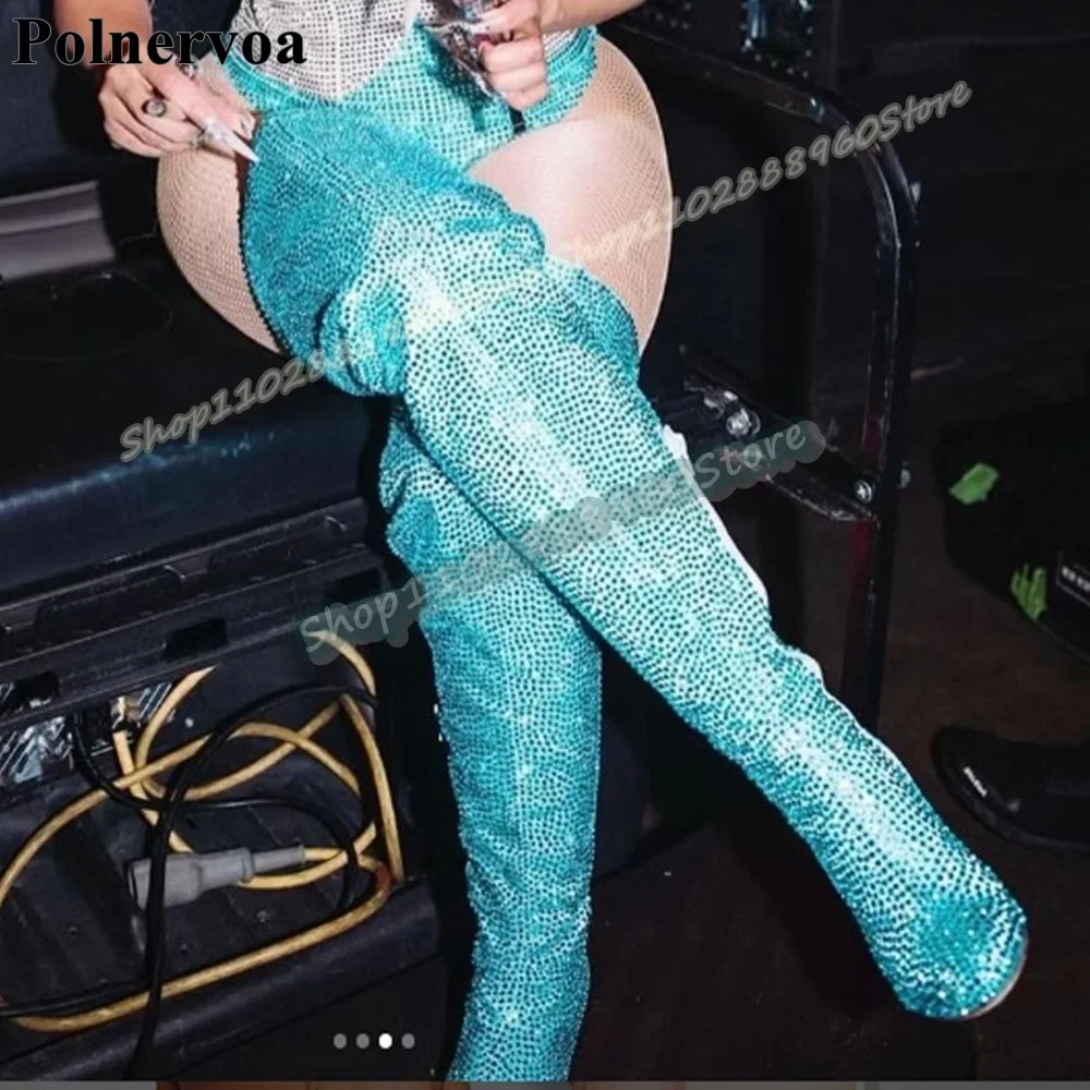 

Light Blue Sparkling Full Crystals Boots Thick Heel Shoes For Women Side Zipper Round Toe Blingbling Luxury Banquet Women Boots