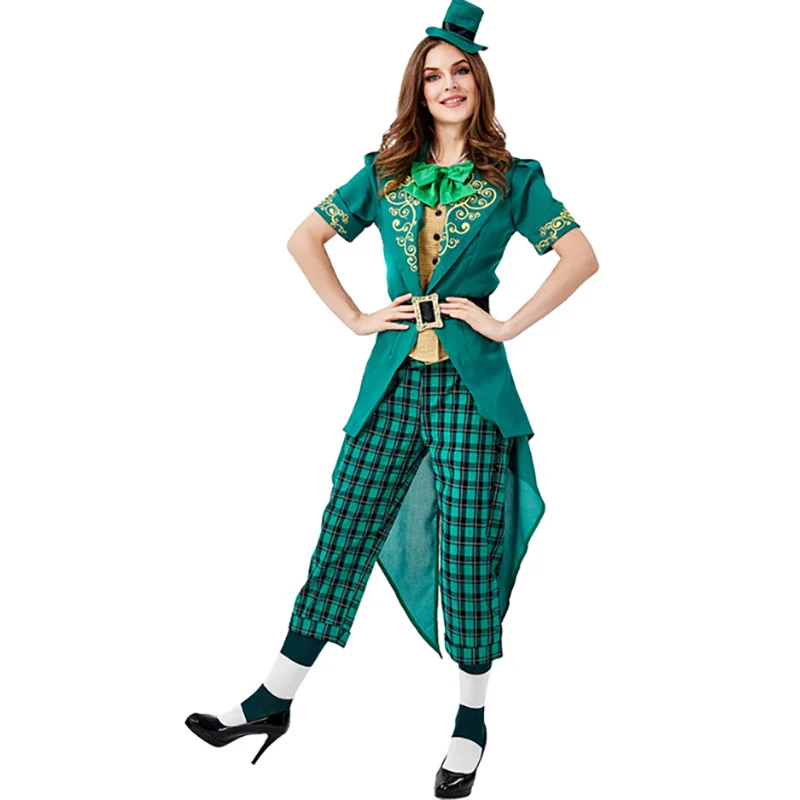 St. Patrick's Day Cosplay Costume Adult Green Leprechaun Outfit with Hat Includes Top And Bottom Sizes M to XL for Women