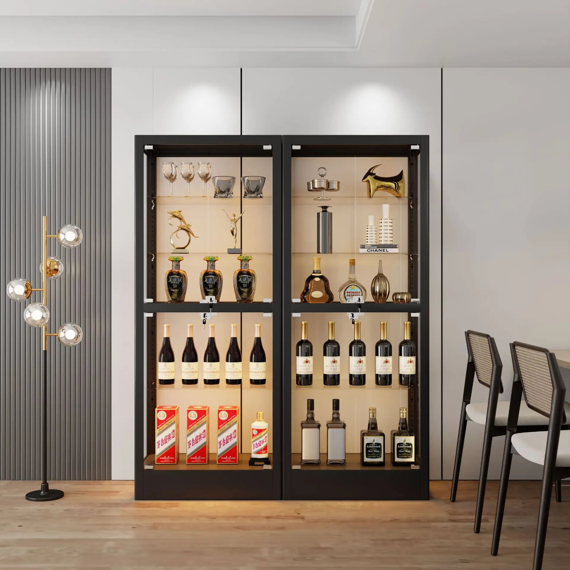 Transparent glass wine cabinet display cabinet against the wall Household living room Modern simple red wine figure model displa