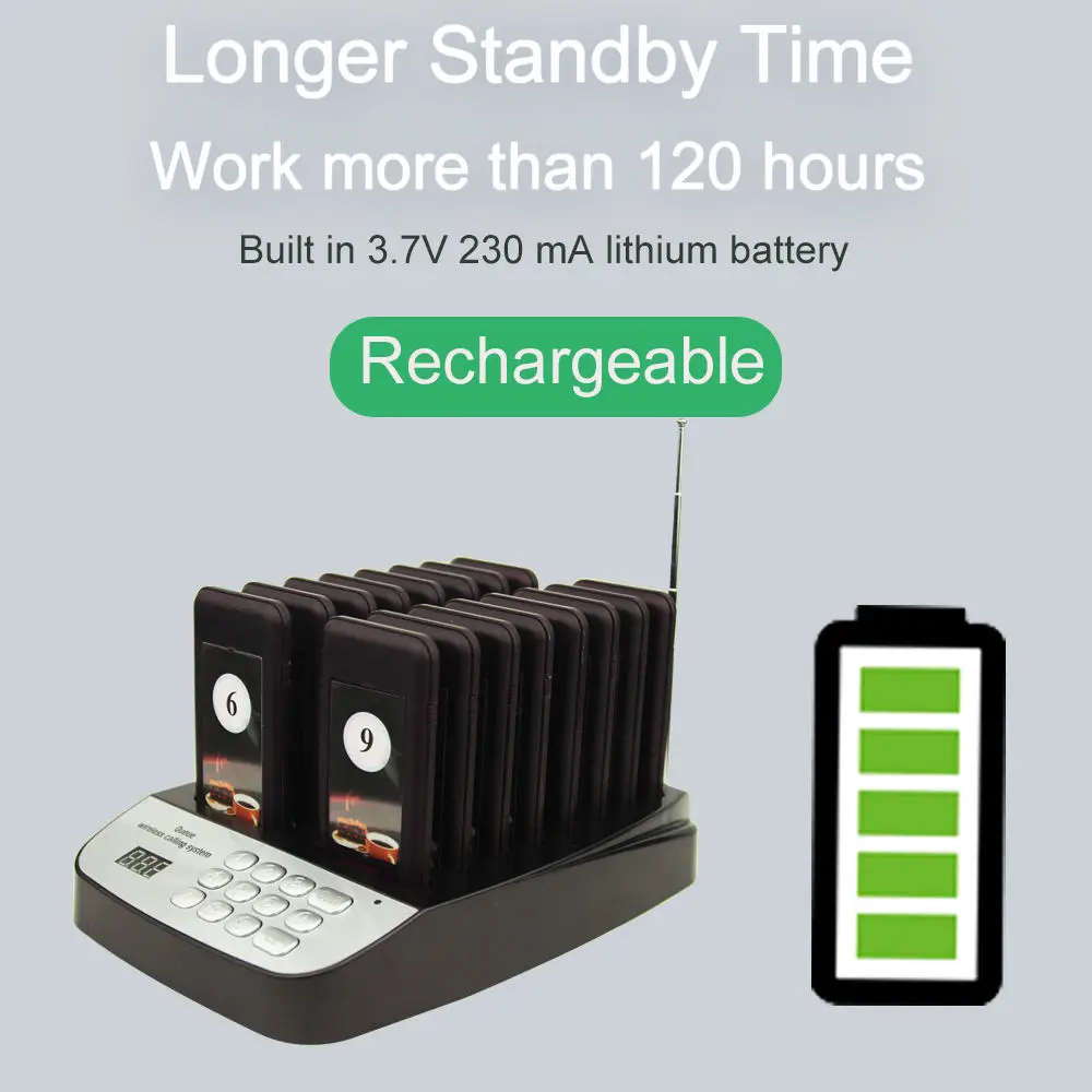 Wireless Paging System 1 Transmitter + 16 Receiver With Vibration Buzzer Long Range Call Bell for Bar Clinic Coffee Dessert