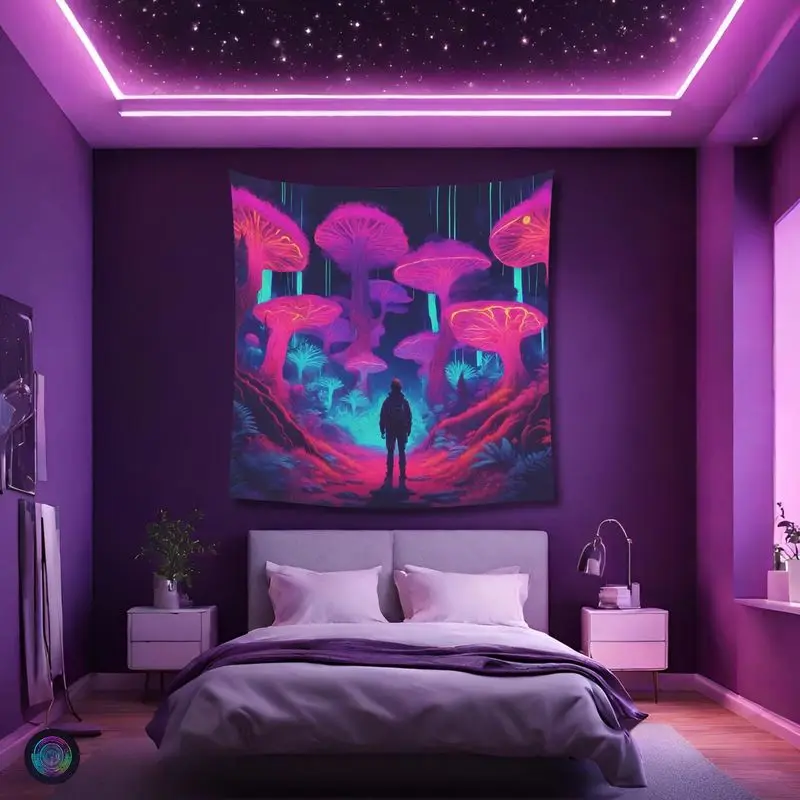 VIKAMA Neon Mushroom Forest Person Backpack Wall Tapestry Purple Pink Fluorescent Giant Fungi Magic Woodland UV Blacklight Glow