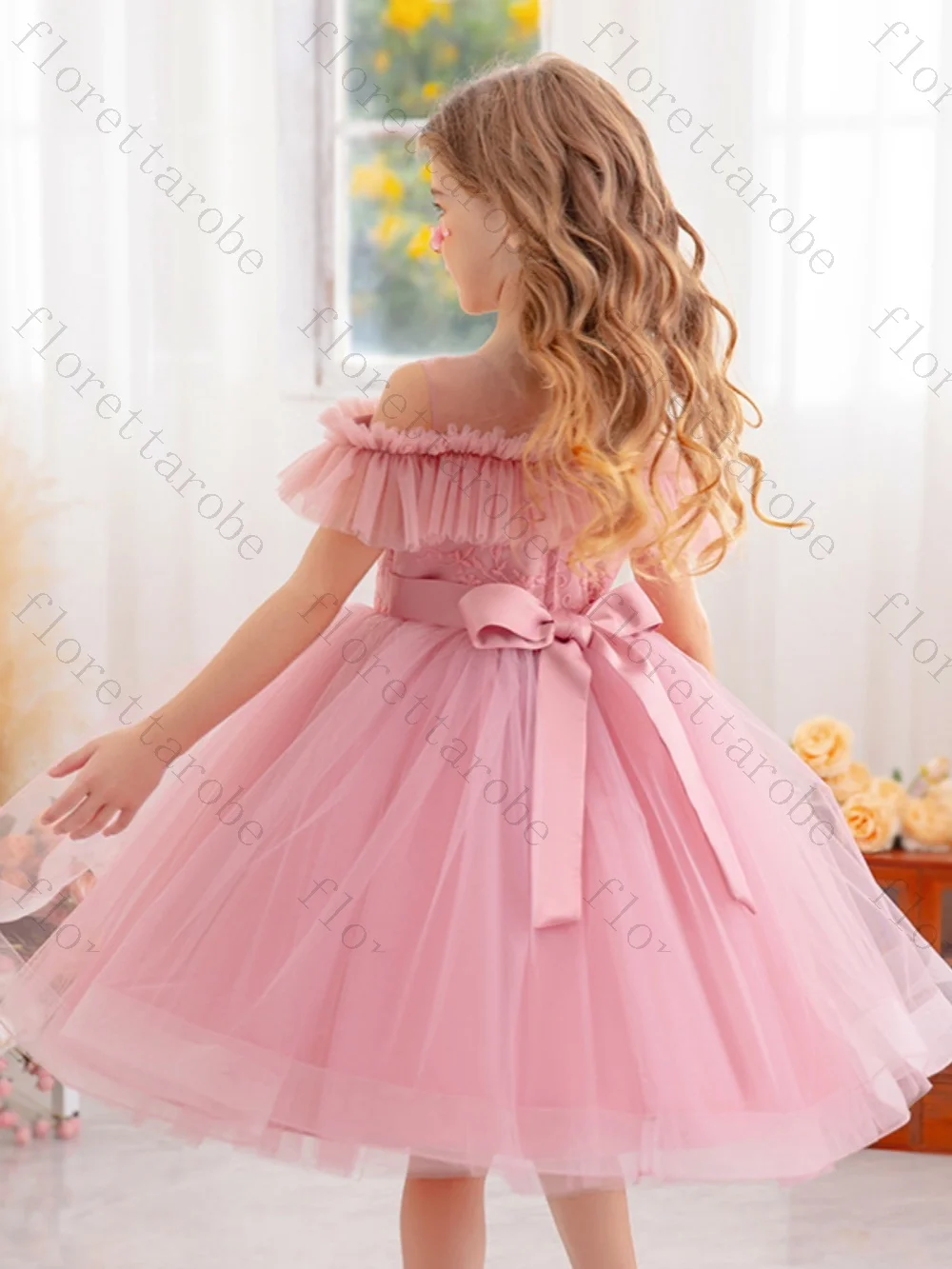 Customized Pink Tulle Flower Girl Dress A Line Knee Length Off Shoulder Short Ruffle Sleeve Embroidered Bodice Wedding Kids Gown