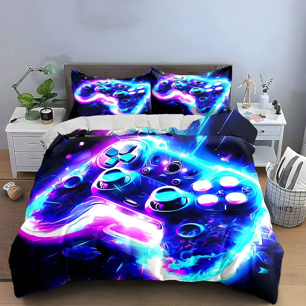 Neon Purple Blue Game Controller Bedding Set,Cyberpunk Glow Gaming Pad Print Duvet Cover Set,Soft 3PC For Teen Gamers Boys room