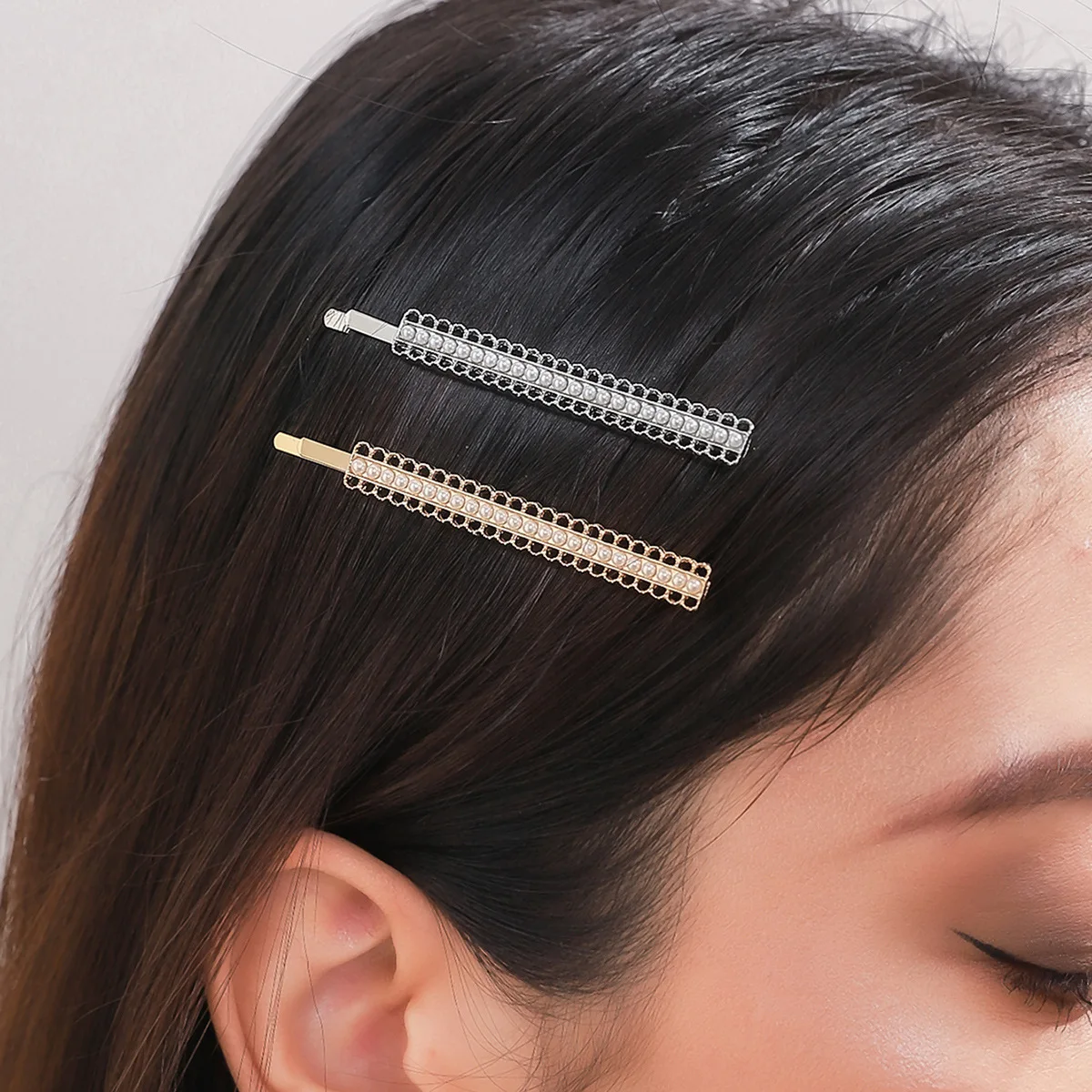 

mat Pearl Embedded Chain Hair Clip Faionable One-Word Hairpin Jewelry Ele Hair Accories Cross-Border