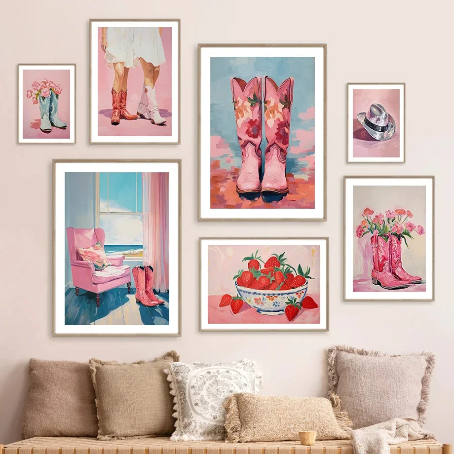 1pc framelessRetro Preppy Coastal Pink Cowgirl Boots Flower Posters Prints Canvas  Wall Art Picture for Living Room Girly Dor
