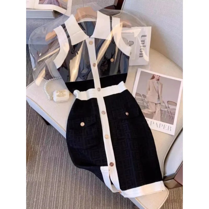 Polo Collar Sleeveless Knitted Dress Women's Slim Fit A Line Bodycon Skirt Female