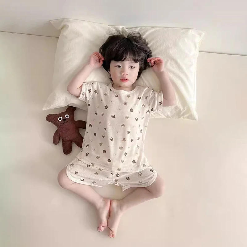 Boys And Girls Pajamas Summer Fashion Ice Silk Thin Home Clothes Baby Short-sleeved Shorts 2-piece Air-conditioned Clothes