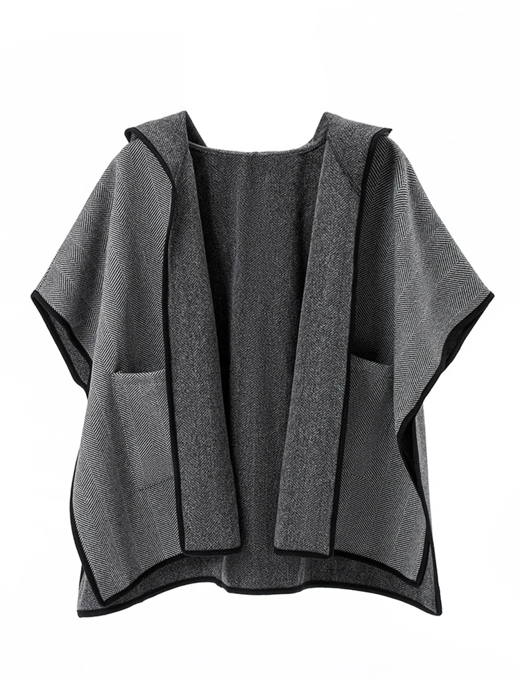 Осень-зима, женское многослойное пончо, элегантные полосатые кардиганы с капюшоном, шаль с запахом, шарф, свободный плащ, пальто, модное новое