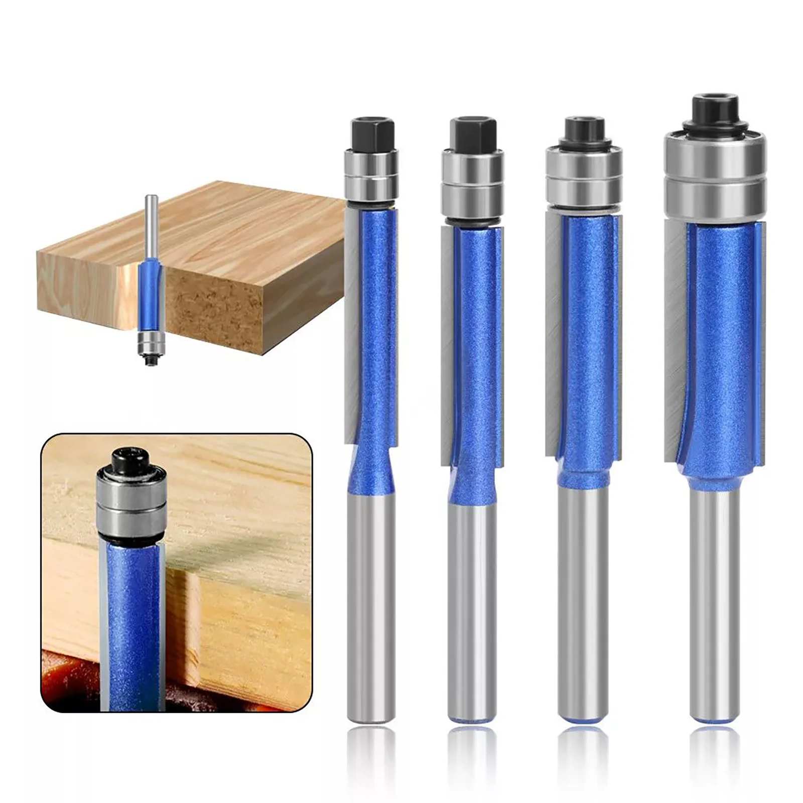 

4Pcs Straight Flush Trim Router Bit 1/4" 25mm Shank Set Woodworking Template Cutter With Bearing HSS Shank Router Bits