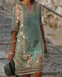 Robe décontractée à imprimé floral rétro pour femmes, col en V élégant, robe trapèze, pull Piedmont, printemps, été, 2023