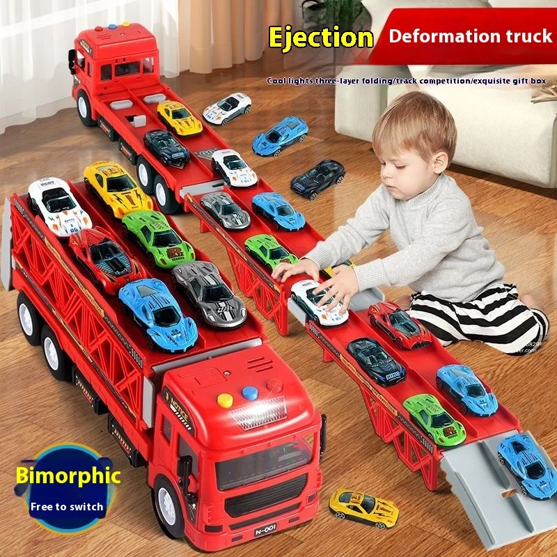 Children'S Toy Car, Oversized Deformed Rail Container Truck, Catapult Inertia Alloy Car Racing Set, Boys' Gift