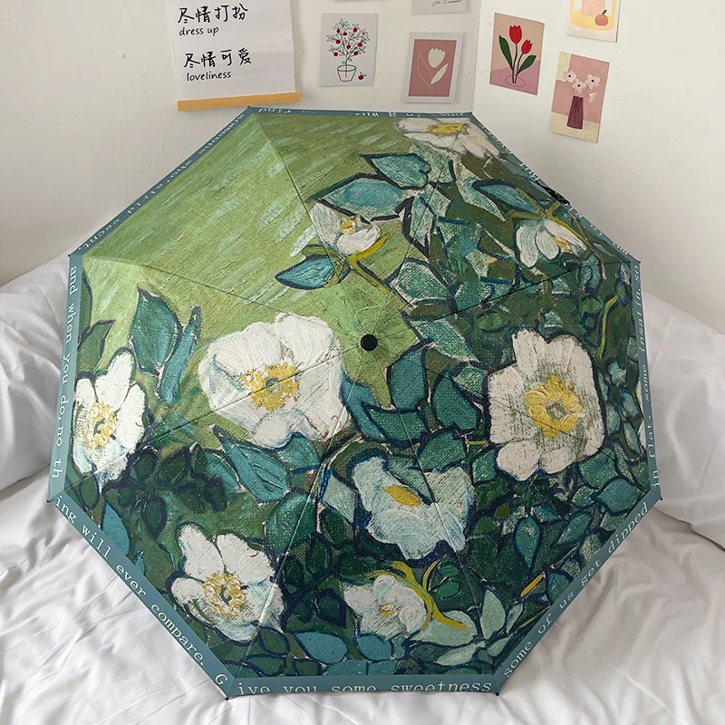 Oilpainting Umbrella Green Rose Fashion Women Smart Umbrella Full Automatic Brand Plegable UV Protection Sun Parapluie Anime