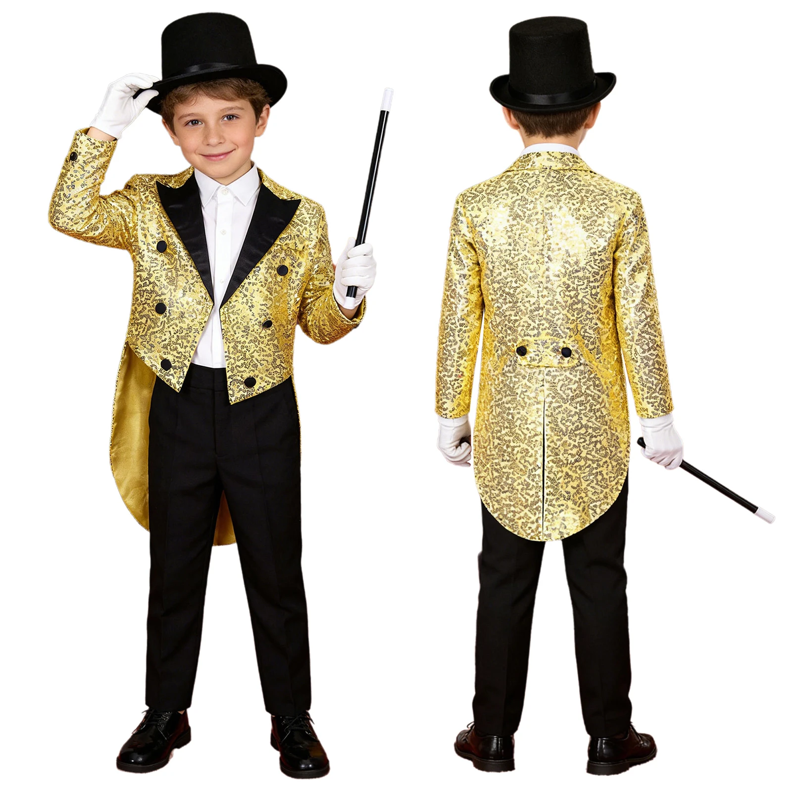 

Детский костюм для мальчиков: Фокусник, Шоумен, Костюм для косплея, Пиджак-фрак с длинными рукавами и пайетками, Одежда для Хэллоуина, Карнавала, Цирка, Костюм директора цирка