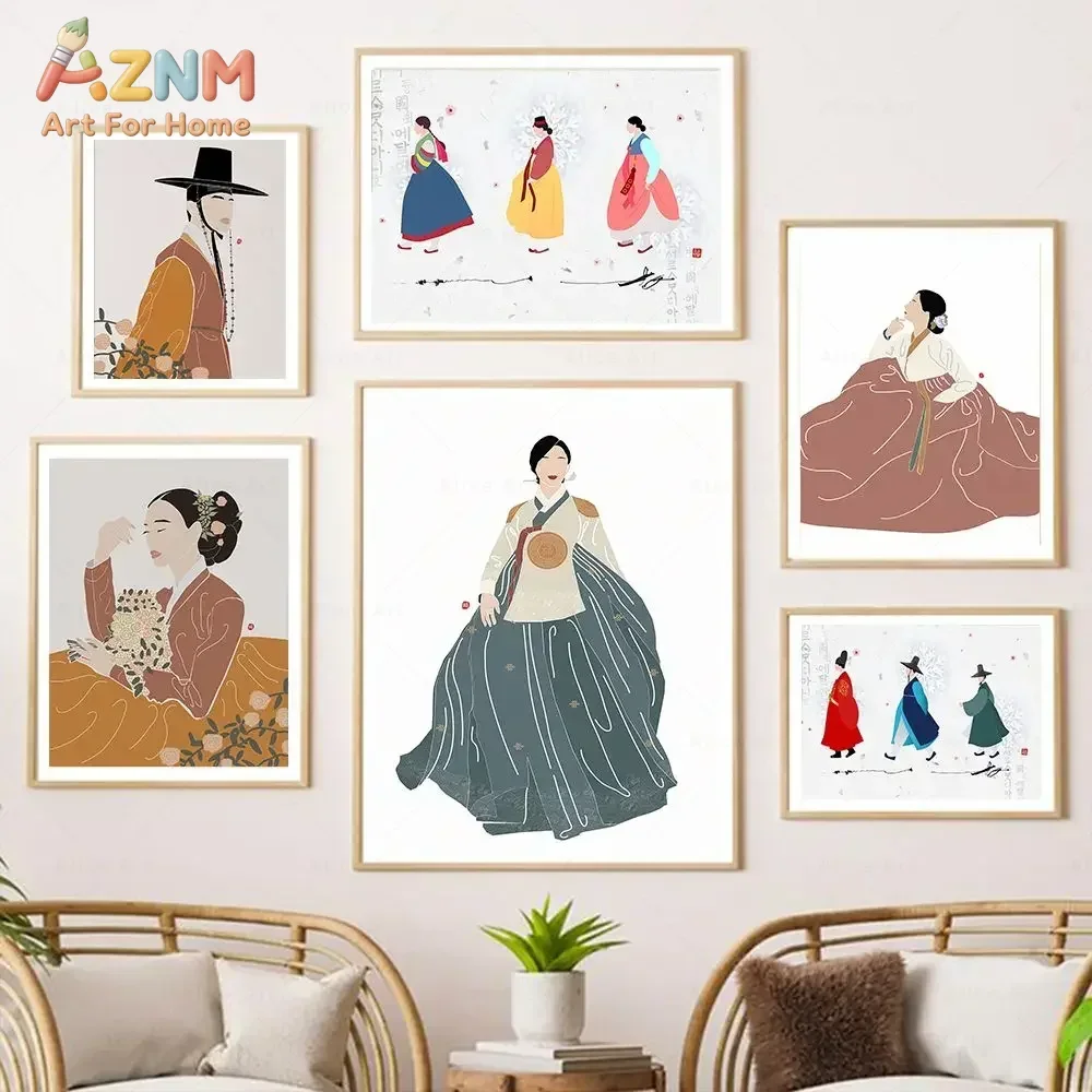 AZNM Korean Traditional Canvas Wall Art Print Hanbok Figure Mountain Pine Temple Sunrise Vintage Oriental Poster Unframed Canvas