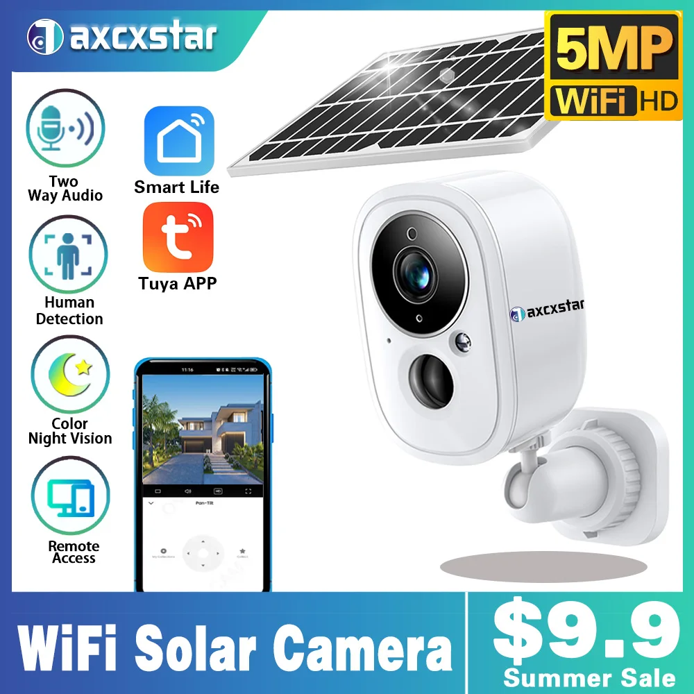 

5MP HD Wireless Outdoor Wifi Home Solar PTZ Camera CCTV Solar Panel Recharge Li-Batteries Surveillance Cam Works With Tuya APP