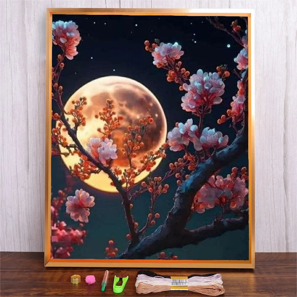 

Flower Tree Moon Printed Embroidery Kit For Beginners Cross Stitch Kit With Instructions Patterns Full Kit Of Embroidery Cloth