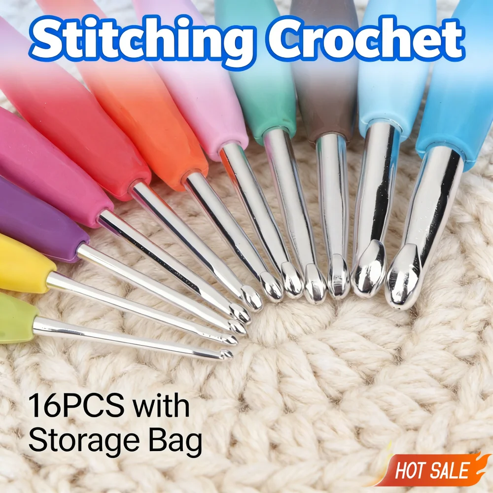 16pcs Stitching Crochet Soft Handle Plastic Thread Crochet with Storage Bag DIY Craft Handmade for Arthritic Hands Knitting Tool