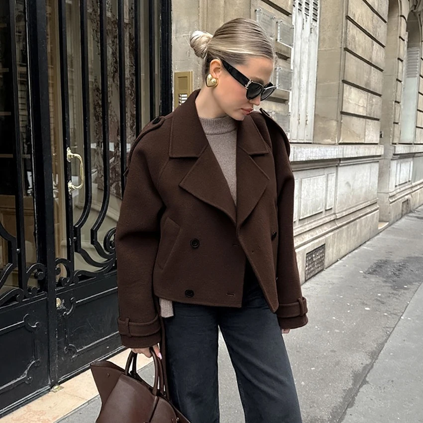 

V-neck Double Breasted Temperament Windbreaker Woolen Coat Women's Winter New Loose Casual Long Coat Trench Brown Tops