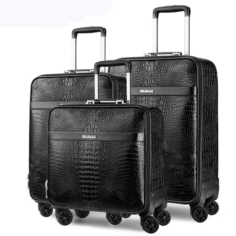 

Crocodile Grain Leather Suitcase Set 3 Piece Bussiness Rolling Luggage Travel Bag with Wheels Boarding PU Suitcases 20'' 24''