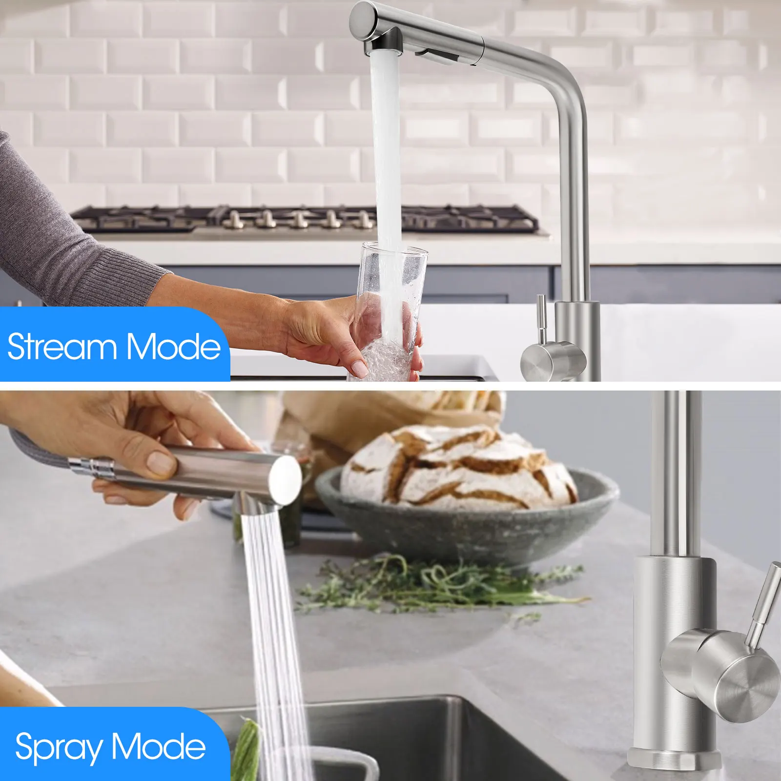 Sliver Pull Out Kitchen Sink Faucet Two Model Stream Sprayer Nozzle Stainless Steel Hot Cold Wate Mixer Tap Deck