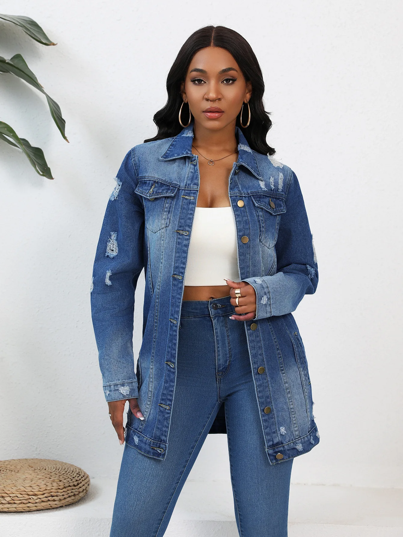 Women's Casual Mid-Length Ripped Denim Jacket Autumn 2026 Denim Trench Coat New Style