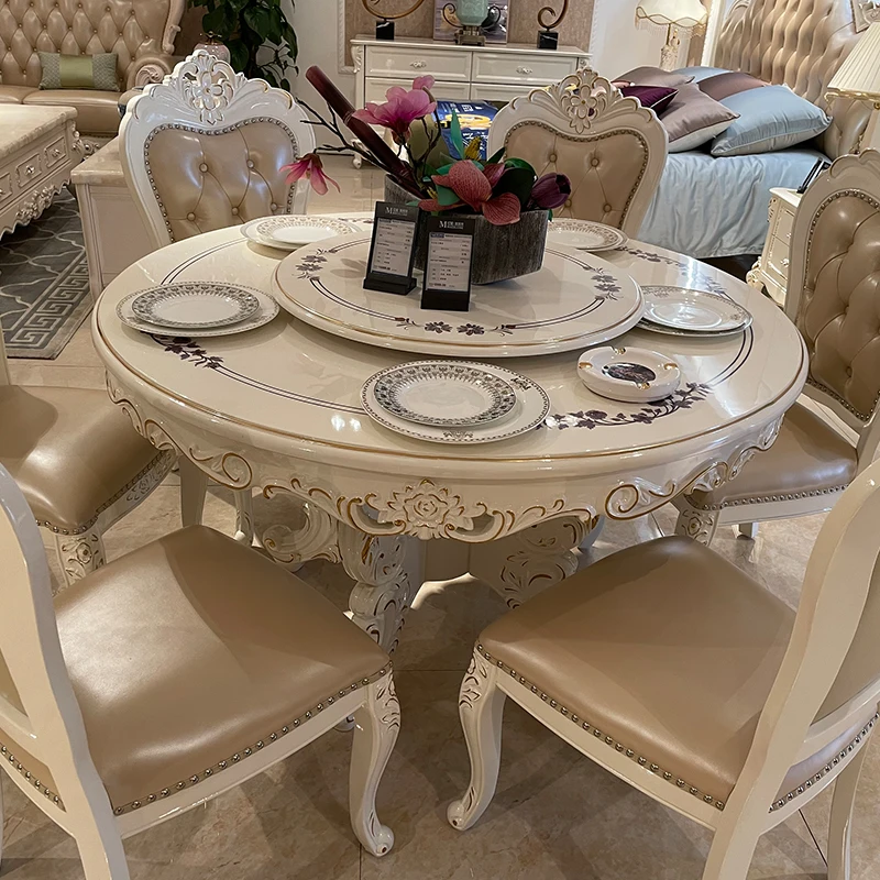 Solid Wood Dining Table French Round Table Full Solid Wood Paint Pearl Light White Wood Surface Send Tables Chairs Combination