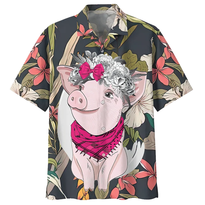 Cartoon Pig Pattern Hawaiian Shirt For Men 3D Printed Animals Short Sleeves Summer Lapel Oversized Shirts Street Button Blouses