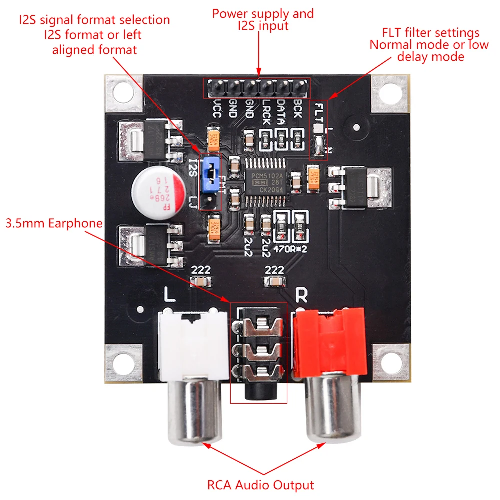 

DC 5V - 10V PCM5102 DAC Декодер I2S плеер сборка 32 - разрядная 384K выше ES9023 PCM1794 для выхода интерфейса Arduino 3.5 мм