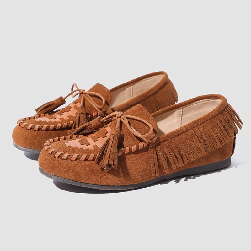 

Faux Suede Round Toe Soft Designer Flats Ladies Retro Tassel Bow Design Loafers for Women Comfort Outdoor Light Walking Shoes