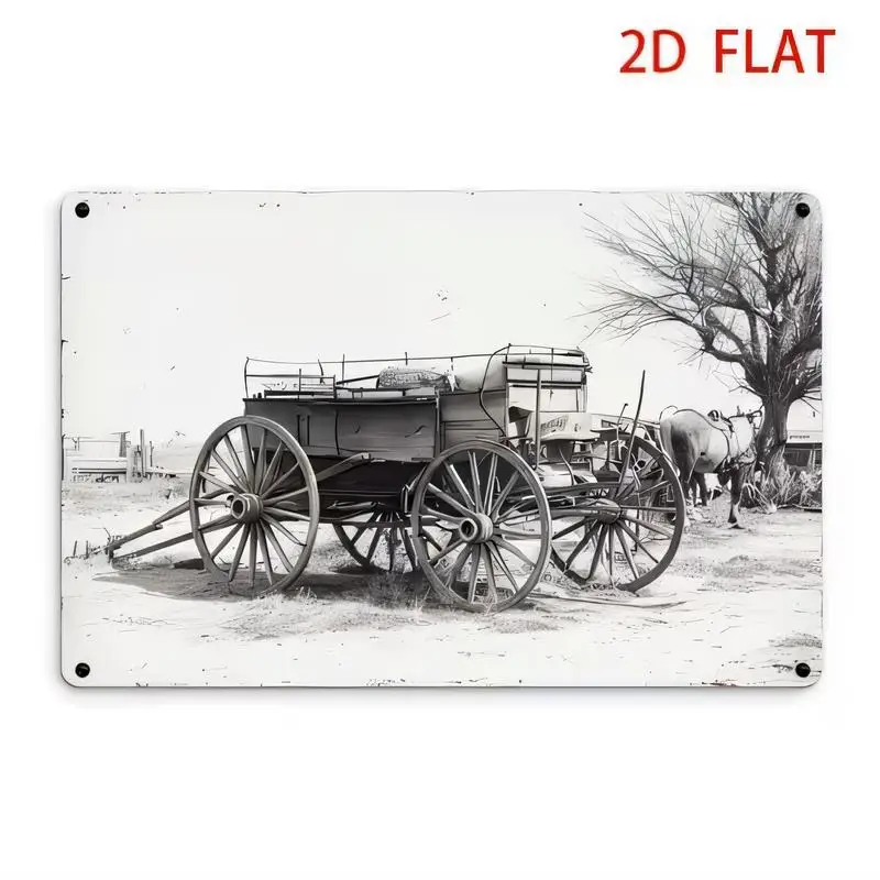 Vintage Wagon & Horse Black-White Metal Tin Sign - Retro Wall Art with Wagon, Horse & Tree Design, Perfect for Bars, Cafes, Farm