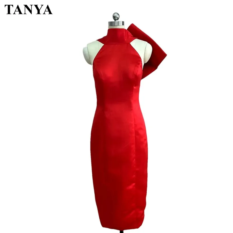 Mid Length Short Red Satin Evening Dress Formal Lady Gown With Big Bow On Back Split Straight Women Party Gown