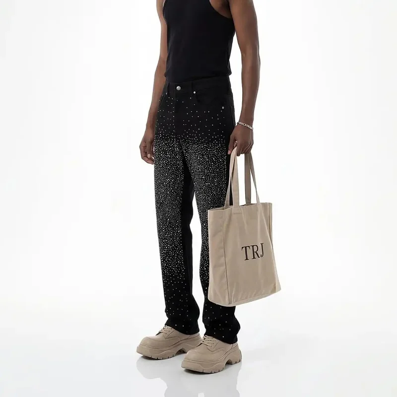 Men's Black Jeans Fully Embellished with Gemstones, Shiny Denim Pants Decorated with Crystals, Loose Streetwear, Y2K Hip Hop Par