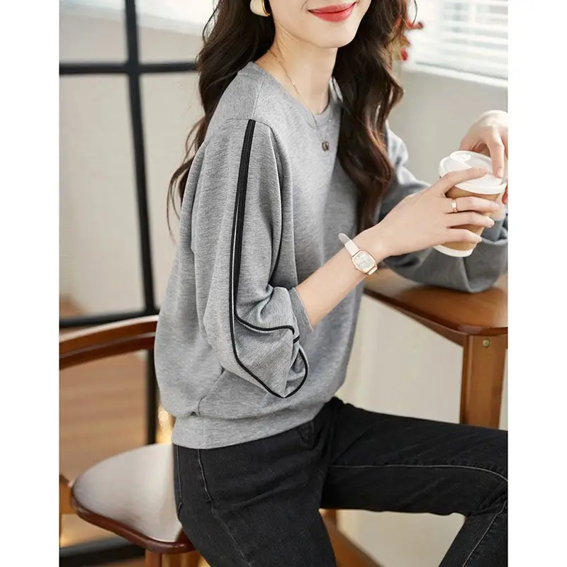 New Contrast Korean Loose Hoodies Spring Autumn Long Sleeve O-neck Solid Casual Pullovers Top Fashion Vintage Women Clothing