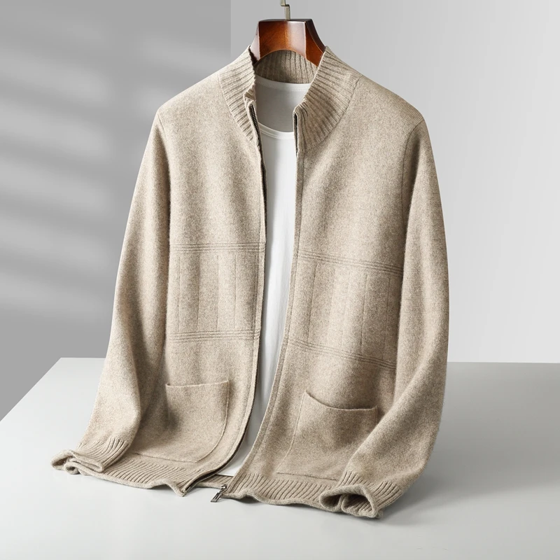 Autumn and winter new 100% merino wool men's stand-up cardigan casual solid color padded knit coat warm cashmere top.