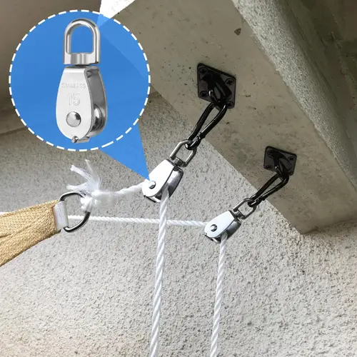 Imagen 2 del producto Bloque de polea de grúa de cuerda de alambre de acero inoxidable, gancho giratorio de grúa de elevación M15, bloque de polea única para colgar rueda de remolque de alambre