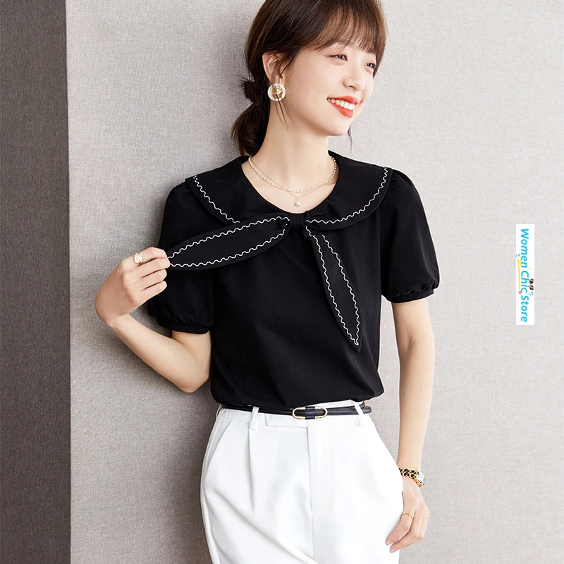 

Embroidery Sailor Collar Short Sleeve Black T Shirt Women Tops Summer Elegant Chic Slim Fit Casual Y2K Tees Shirts Female A2292