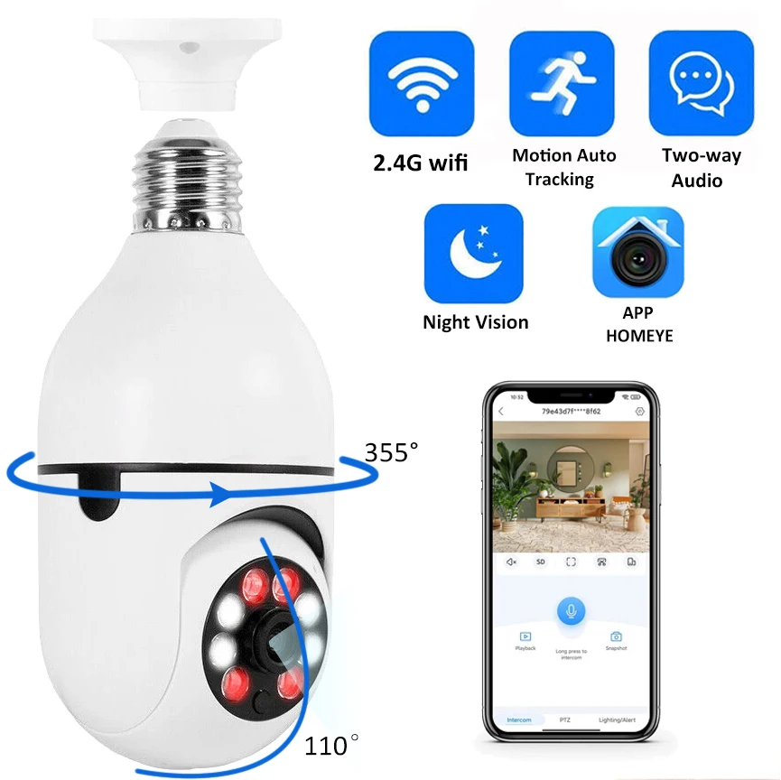 WiFi IP Camera E27 Bulb Camera 1080P Wireless Baby Monitor AI Auto Tracking Security Video Surveillance Pet Camera Indoor