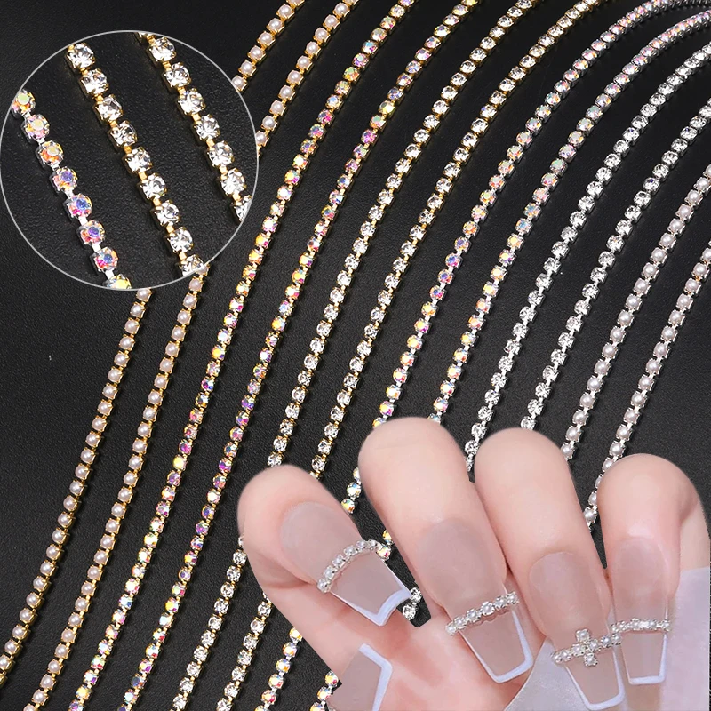 50/100cm Gold Silver Metal Chains Nail Rhinestones 3D Shiny Jewelry French Style Nail Art Charms DIY Accessories Manicure Tools