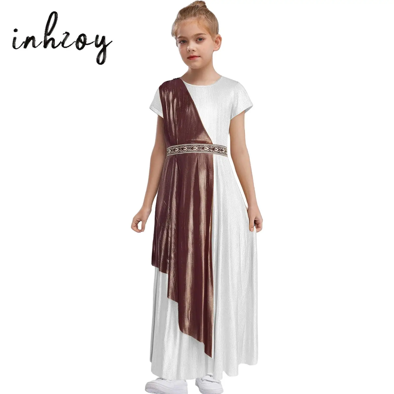 

Kids Girls Greek Toga Robe Crew Neck Short Sleeve Drape Vintage Metallic Shiny Dress Halloween Party Princess Cosplay Costume