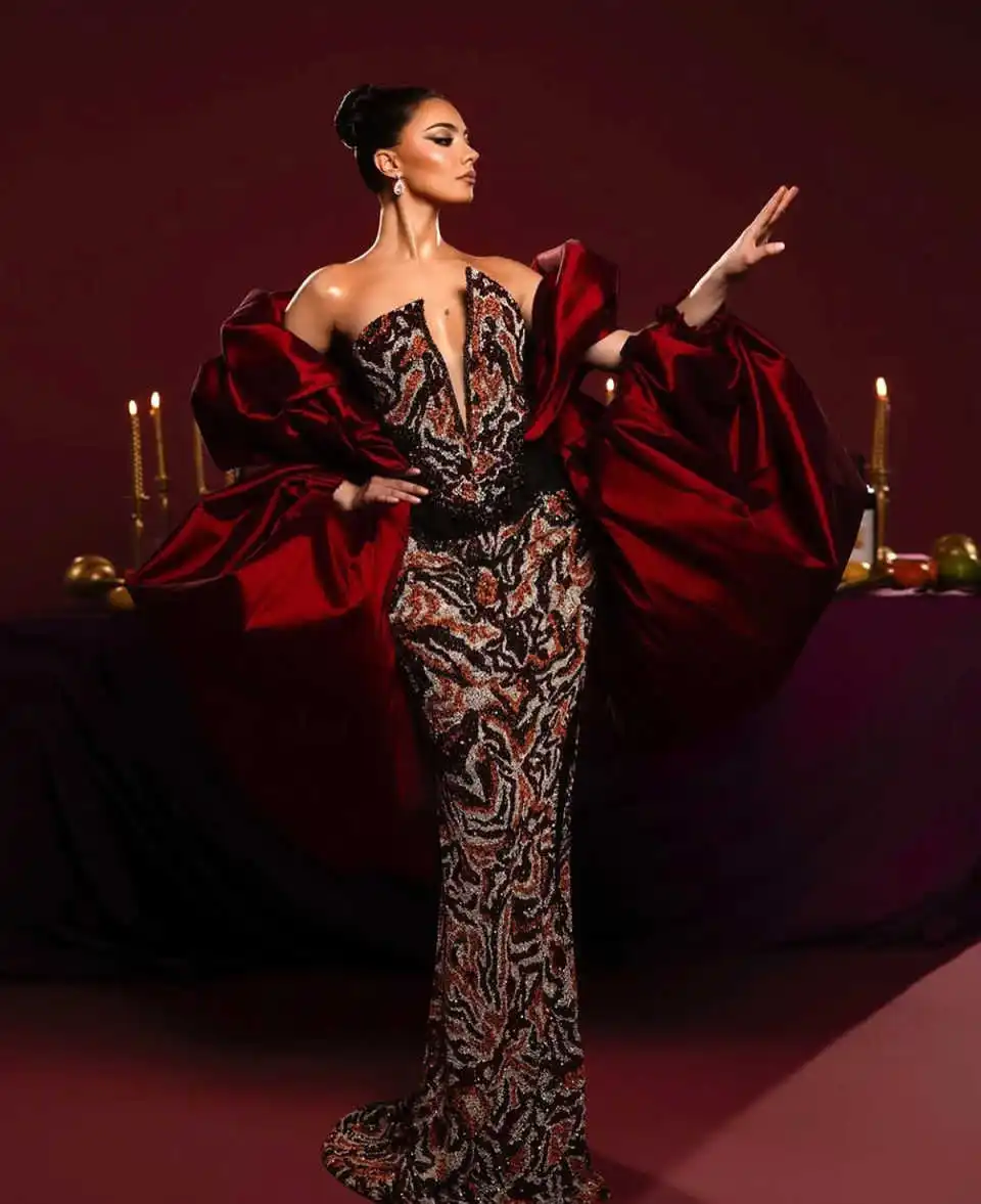 

Exquisite Mermaid Evening Dresses Flower Shawl Sleeves V Neck Sequins Appliques Beads Diamonds Prom Dress Plus Size Customized