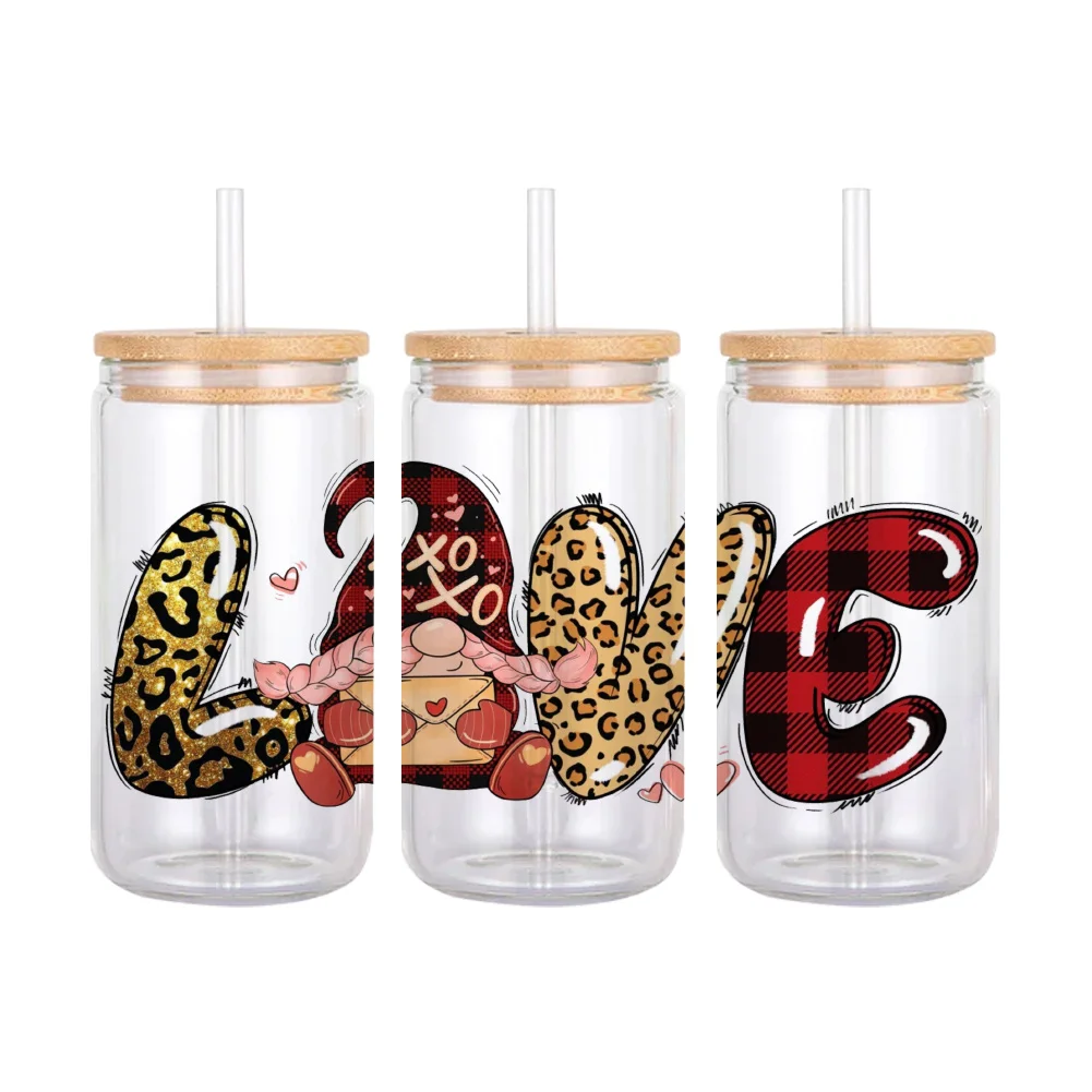 11x24cm Valentines Day For Libbey 16oz Can Glass 3D Waterproof UV DTF Coffee Can Wrap Libbey Glass Wrap