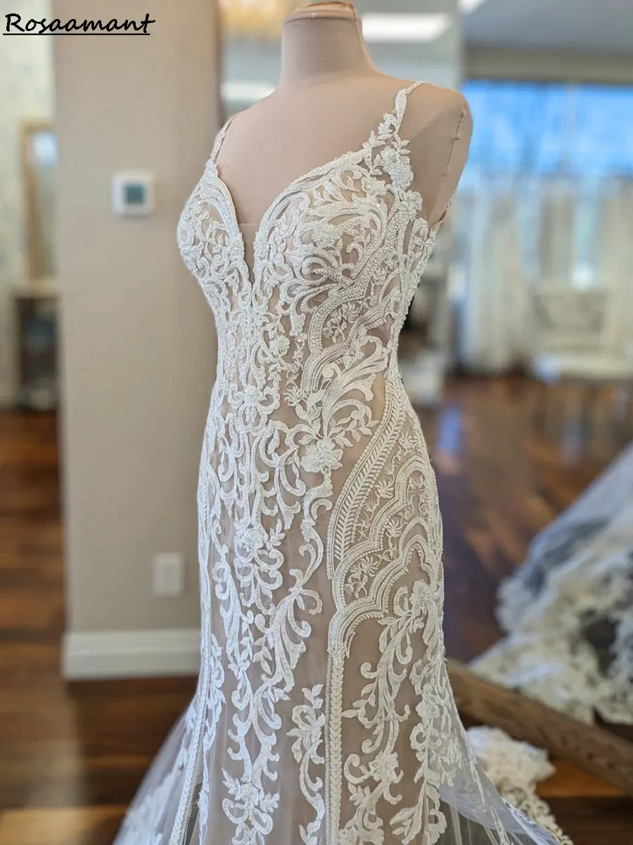 Новейшие свадебные платья русалки на бретельках с открытой спиной и аппликациями без рукавов, кружевные свадебные платья в стиле кантри