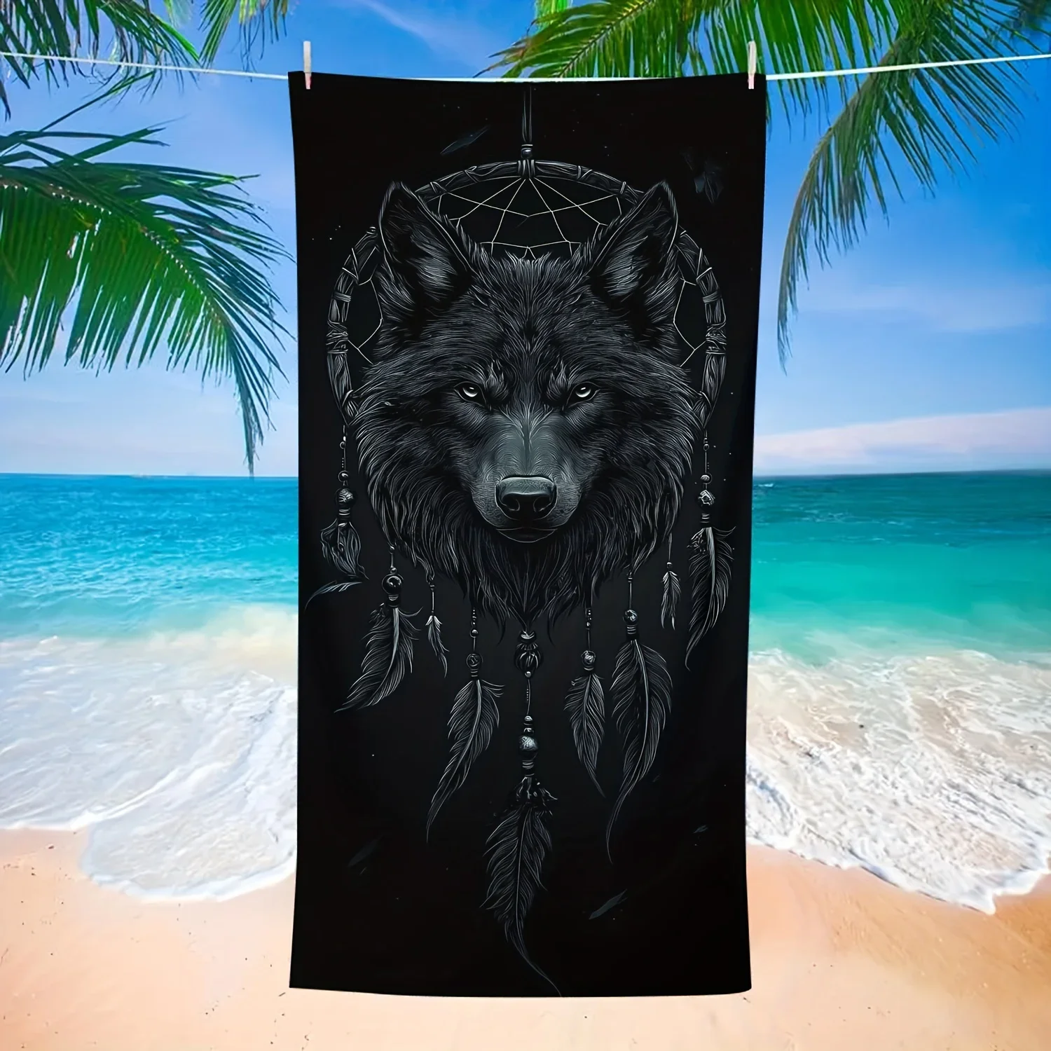 Black Wolf Dreamcatcher Beach Towel, Tribal Wolf Art, Quick Dry Microfiber, Oversized for Beach Pool, Gift for Him