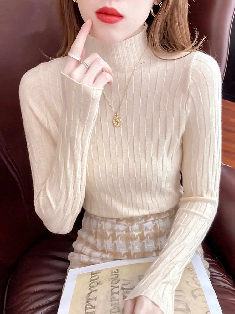 Autumn Winter Turtleneck Women\'s Sweaters Fashion Tiered Ribbed Female Pullovers Long Sleeve Sweater for Woman Casual Solid Tops