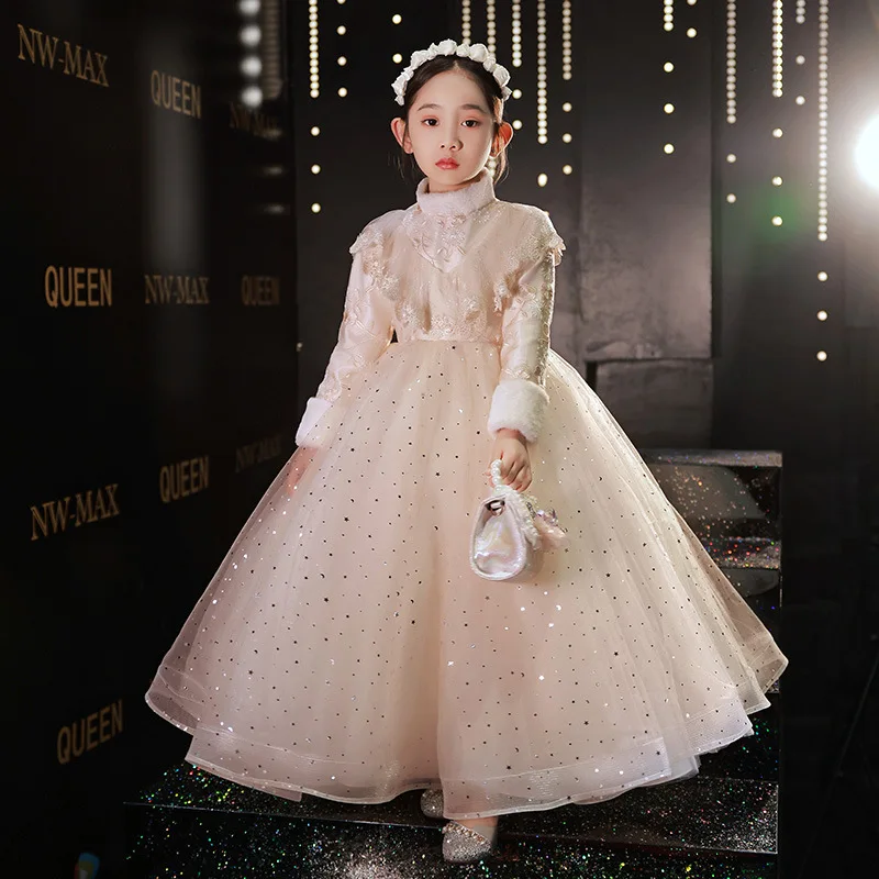 

Champagne Party Dress For Girls Wedding Bridesmaid Gown Sequin Lace Flower Girl First Communion Evening Dresses Formal Clothes