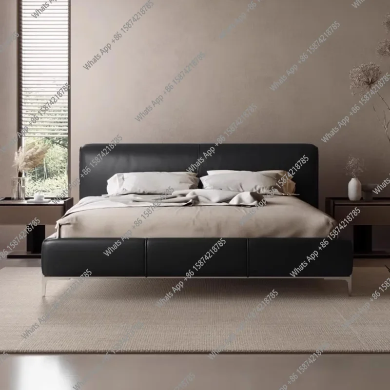 

Xx Bauhaus Style Leather Bed Italian Minimalist Black Tofu Block Master Bedroom Double Bed Minimalist Bed Big Black Cow Soft Bag